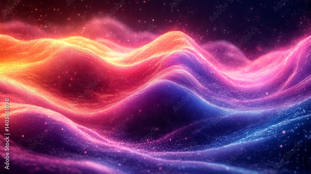 Colorful, abstract waves ripple with glowing specks under starry skies Colorful, abstract waves ripple with glowing specks under starry skies