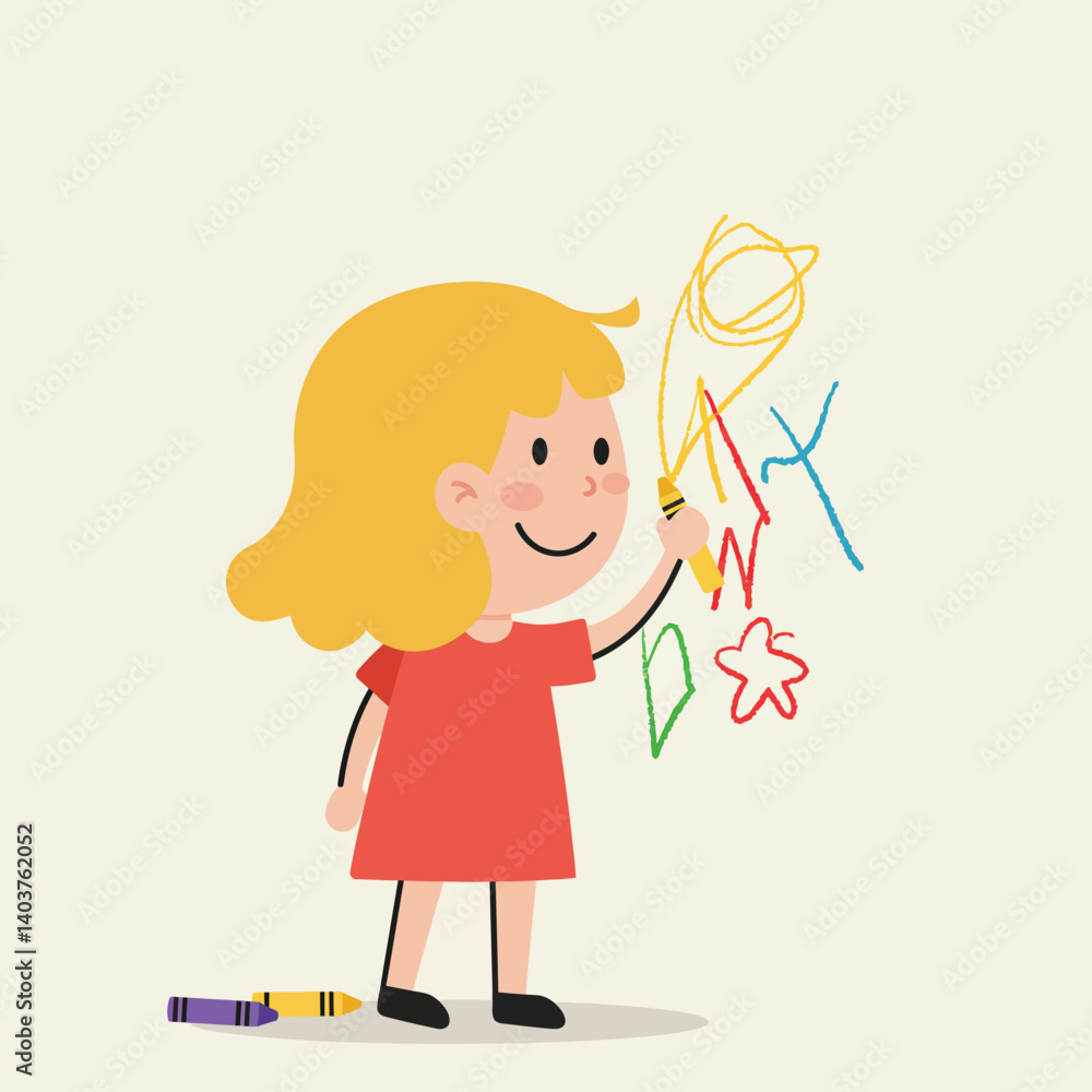 Girl drawing colorful shapes with crayons in flat vector illustration Girl drawing colorful shapes with crayons in flat vector illustration