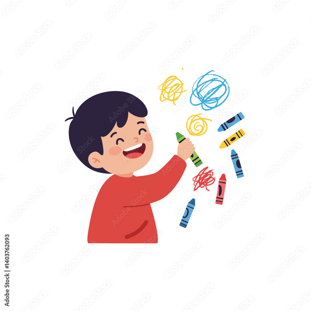 Happy child drawing with crayons in a playful flat vector illustration Happy child drawing with crayons in a playful flat vector illustration