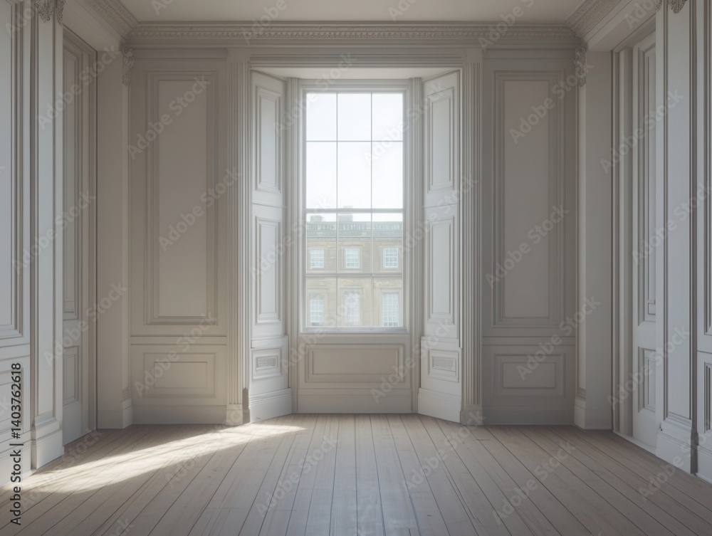 Fototapeta premium Elegant empty room with natural light streaming through window in historic building interior design