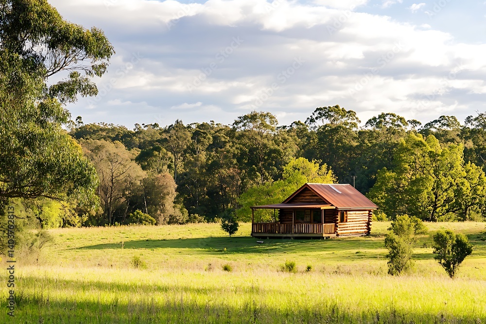 Serene Countryside View with Small Wooden Cabin Serene Countryside View with Small Wooden Cabin