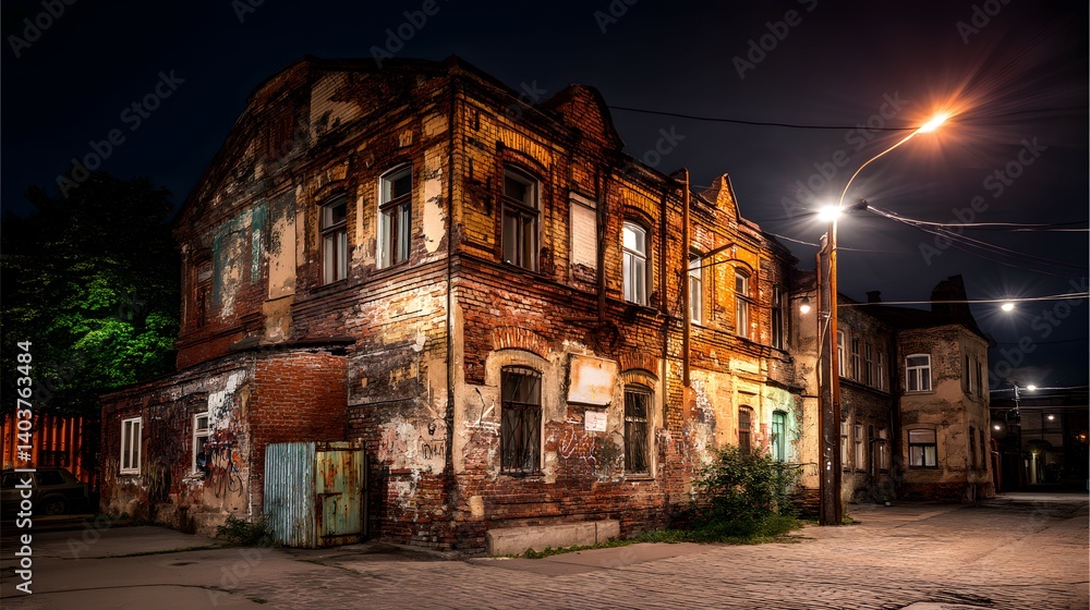 Fototapeta premium Old brick building corner illuminated at night with street lights and dark sky.