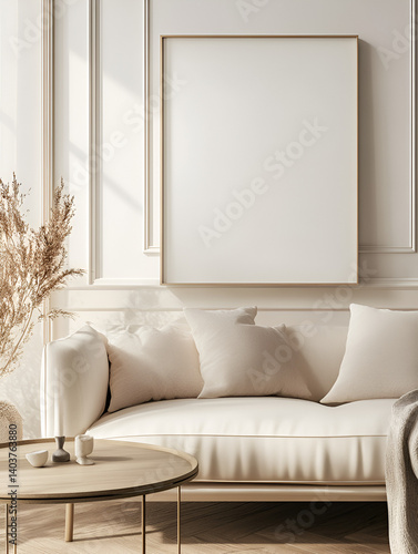 modern interior design mockup background with a blank poster frame, sofa and coffee table in light beige tones, minimalist style, natural lighting, high resolution photography