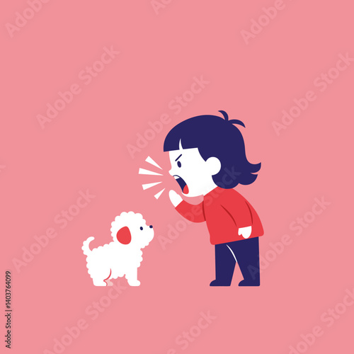 Child scolding fluffy white puppy in minimal flat design vector art