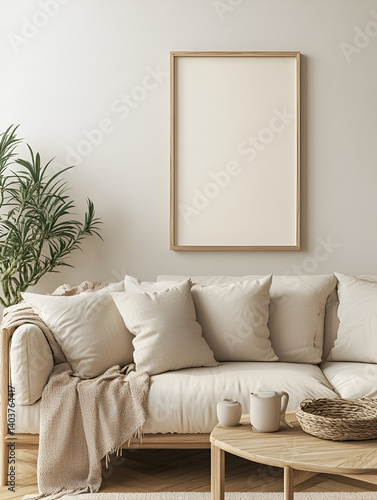 modern interior design mockup background with a blank poster frame, sofa and coffee table in light beige tones, minimalist style, natural lighting, high resolution photography