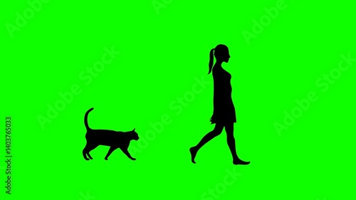 Animation with a girl walking with a cat on the green background (seamless loop)