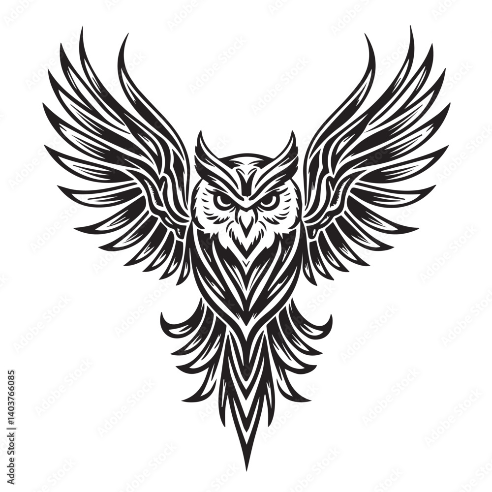 Fototapeta premium Intricate owl design with majestic wings showcasing detailed lines and patterns in a bold black silhouette Design