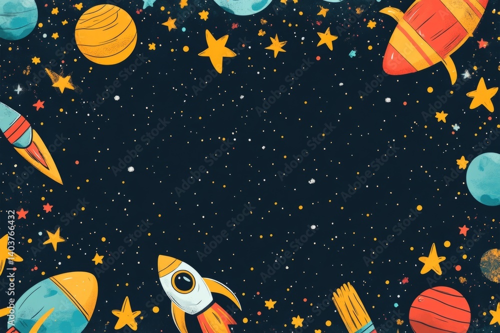 Fototapeta premium Colorful rockets flying in space with planets and stars creating a vibrant backdrop