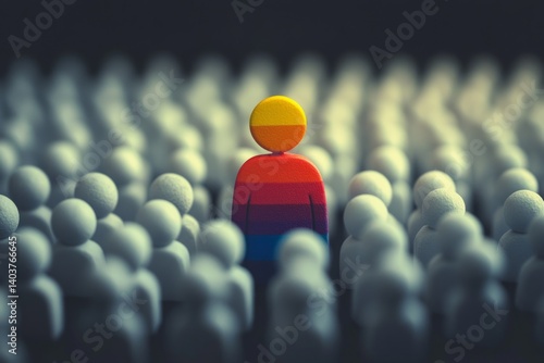 Rainbow colored person is standing out from a crowd of white people