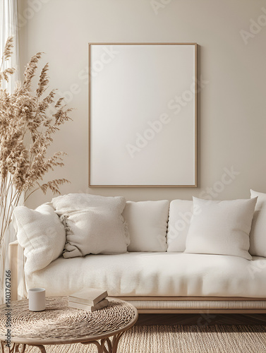 modern interior design mockup background with a blank poster frame, sofa and coffee table in light beige tones, minimalist style, natural lighting, high resolution photography