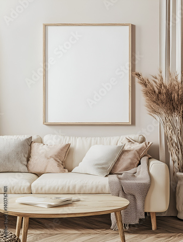 modern interior design mockup background with a blank poster frame, sofa and coffee table in light beige tones, minimalist style, natural lighting, high resolution photography