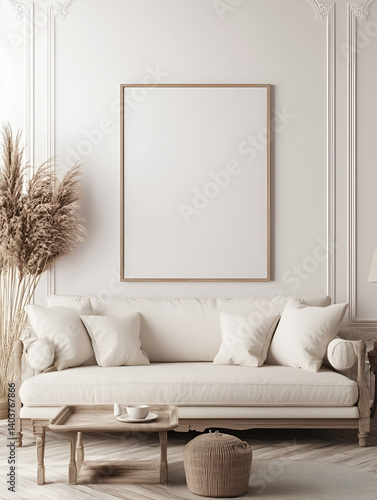 modern interior design mockup background with a blank poster frame, sofa and coffee table in light beige tones, minimalist style, natural lighting, high resolution photography