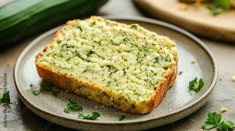 Fresh slice of homemade zucchini bread on ceramic plate, healthy dessert with rustic vibes Fresh slice of homemade zucchini bread on ceramic plate, healthy dessert with rustic vibes