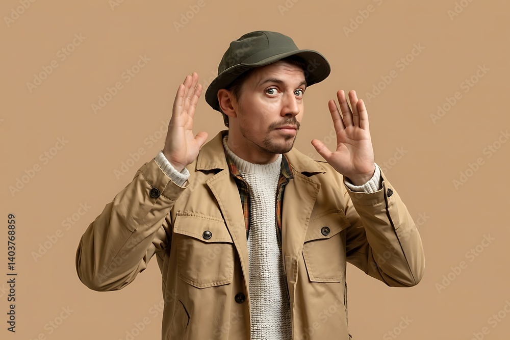 Intrigued man raises hands in questioning gesture with curious expression Intrigued man raises hands in questioning gesture with curious expression