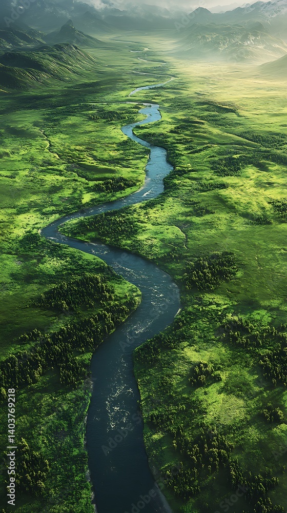 Calm river flowing across a wide, grassy field with hills high resolution photo Calm river flowing across a wide, grassy field with hills high resolution photo