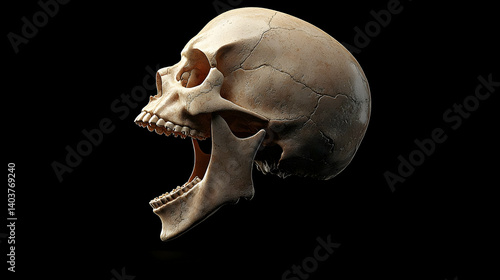Detailed Side View Skull with Open Mouth and Visible Teeth Isolated Against Black Background