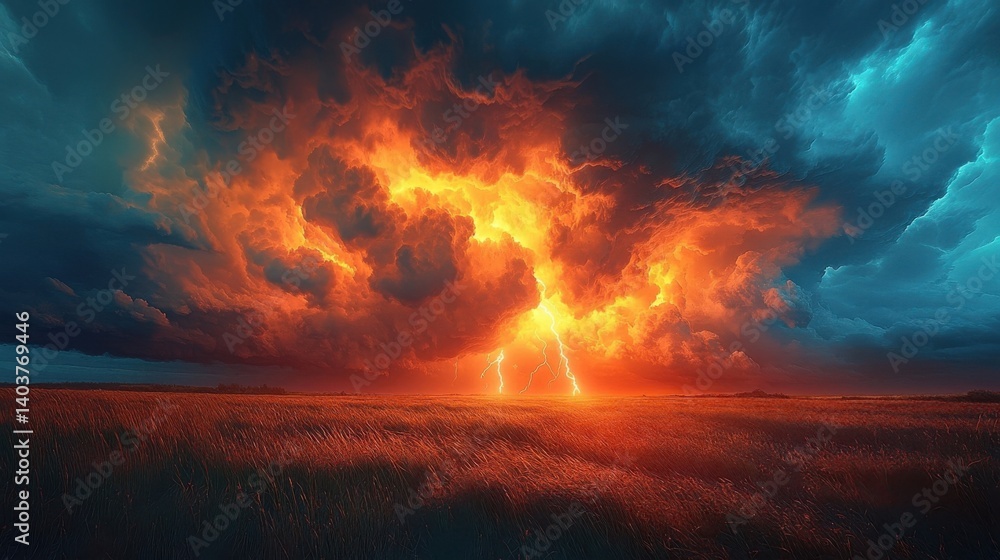 Obraz premium Fiery Lightning Storm Over A Pixelated Landscape