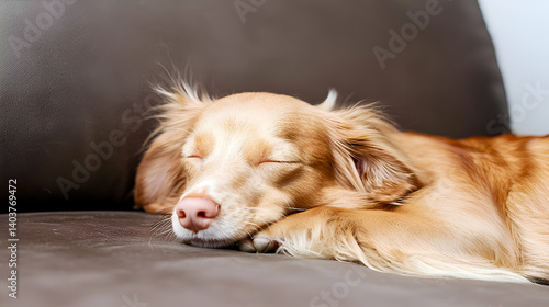Adorable Golden Dog Sleeping Peacefully on a Brown Sofa