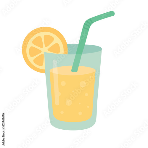 Cartoon vector glass of lemonade with straw and lemon slice in bright summer colors.