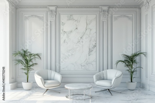 Elegant room with chairs and plants on white background on transparent background