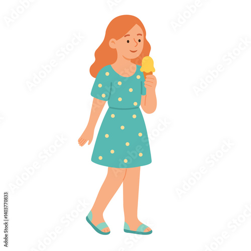 Smiling girl in summer dress walking with an ice cream cone on a sunny day.