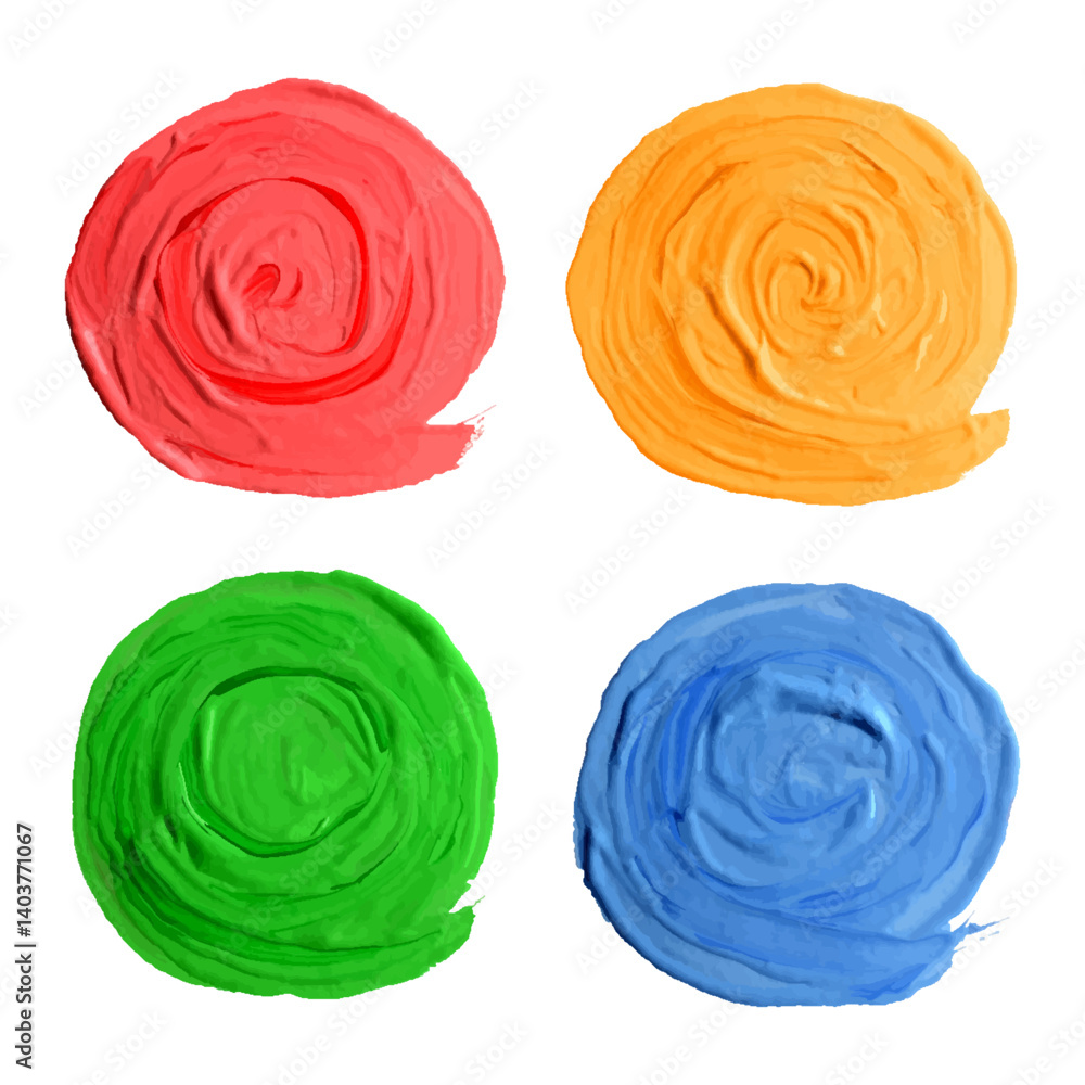 Acrylic or oil brush stroke hand painting round shape design elements set. Colorful gouache splash or scribble artistic background banner or circle frame impasto kids style vector texture