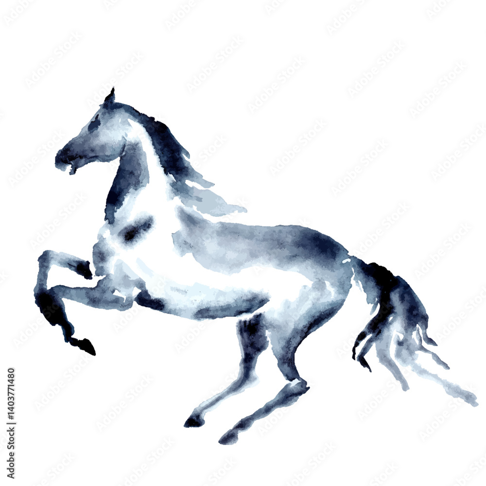 Rearing up horse. Watercolor or ink hand painting. Beautiful hand drawing illustration on white. Equestrian silhouette. Pony in motion. Equine art artistic brush stroke. Rear up vector stallion