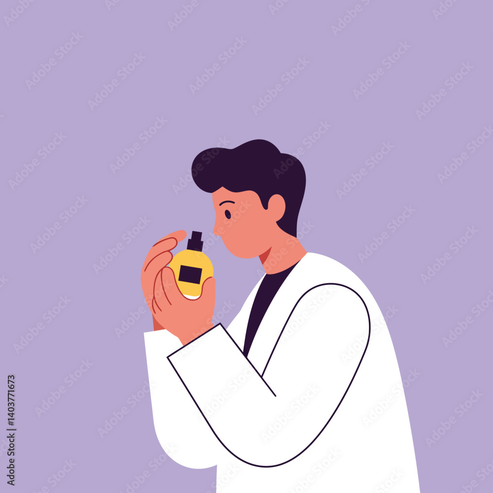 Man holding a perfume bottle in a minimalist style vector illustration Man holding a perfume bottle in a minimalist style vector illustration
