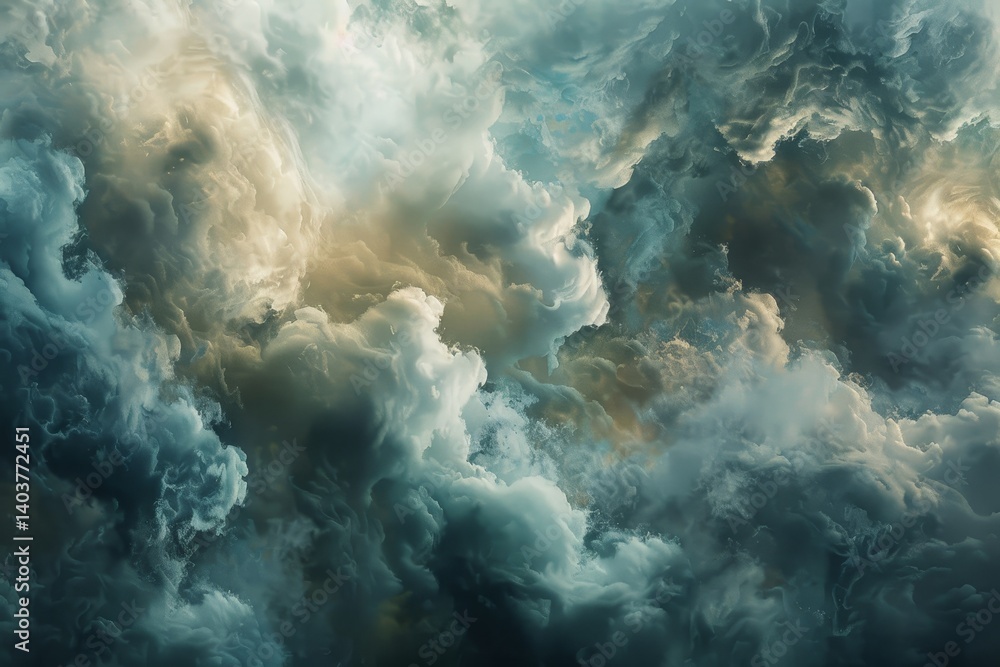 Fototapeta premium A mesmerizing view of ethereal clouds, tinged with a soft topaz hue, billowing in the vast expanse of the sky, Ethereal clouds billowing