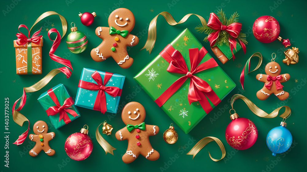 Christmas themed background featuring ornaments, a gift box with a red ribbon, and pine branches for seasonal decorations Christmas themed background featuring ornaments, a gift box with a red ribbon, and pine branches for seasonal decorations