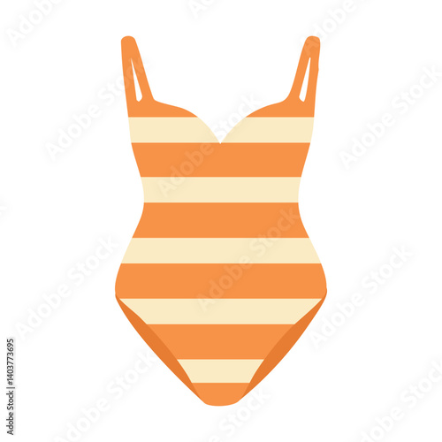 One-piece striped swimsuit in orange tones, flat cartoon summer beachwear illustration.