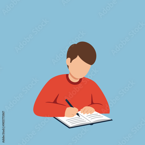 Young boy writing in a notebook with a flat design style vector illustration