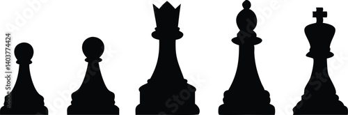 Black Chess Pieces Pawn, Queen, Bishop, King Silhouettes on Transparent Background