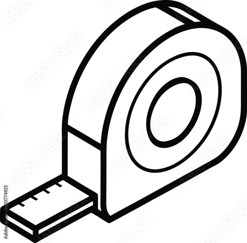 Measuring Tape Outline, Black and White Measuring Instrument, Isometric Style