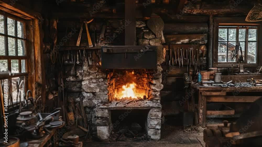 Rustic Blacksmith's Forge: A Fiery Hearth in a Wooden Cabin Rustic Blacksmith's Forge: A Fiery Hearth in a Wooden Cabin