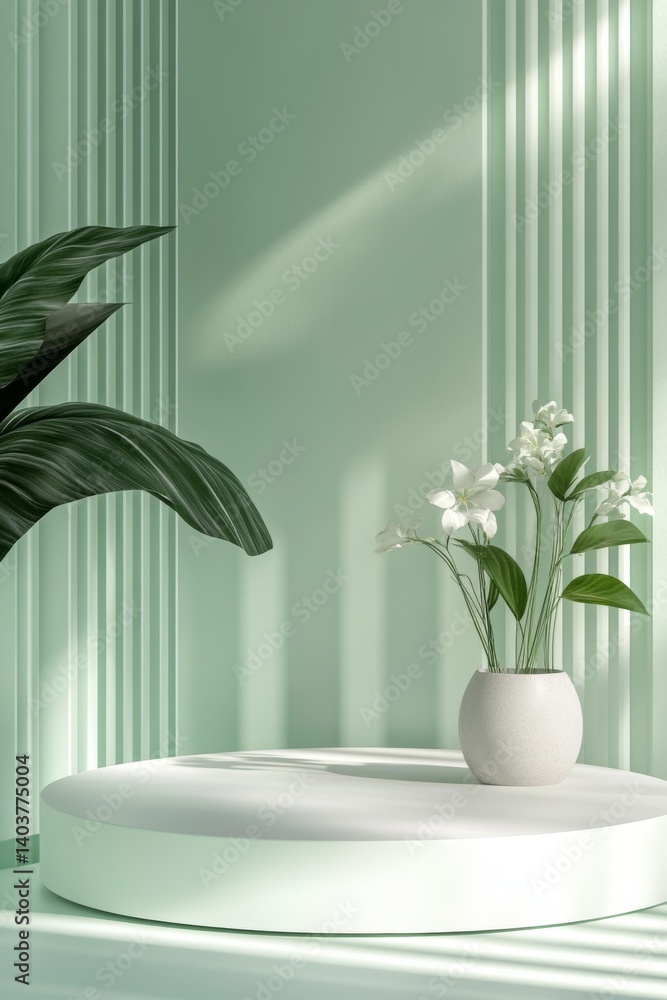 Soft Shadows and Green Tones Create a Calming Atmosphere With a Round Pedestal and a Potted Plant on a Serene Floor Soft Shadows and Green Tones Create a Calming Atmosphere With a Round Pedestal and a Potted Plant on a Serene Floor
