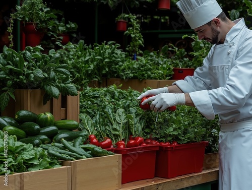 Fototapeta Naklejka Na Ścianę i Meble -  Male chef organizing fresh vegetables in a kitchen garden setting