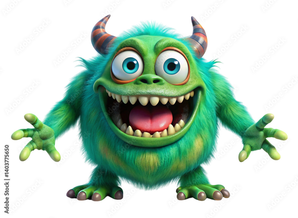 Fototapeta premium Playful green monster character with horns teeth and claws isolated on a Transparent Background cute design