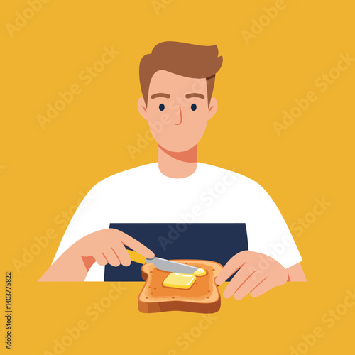 Person spreading butter on toast in flat vector art style illustration