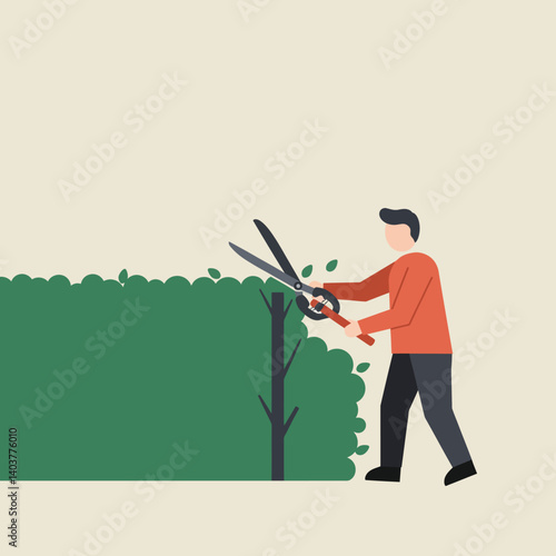Gardener trimming bushes in flat design style vector art