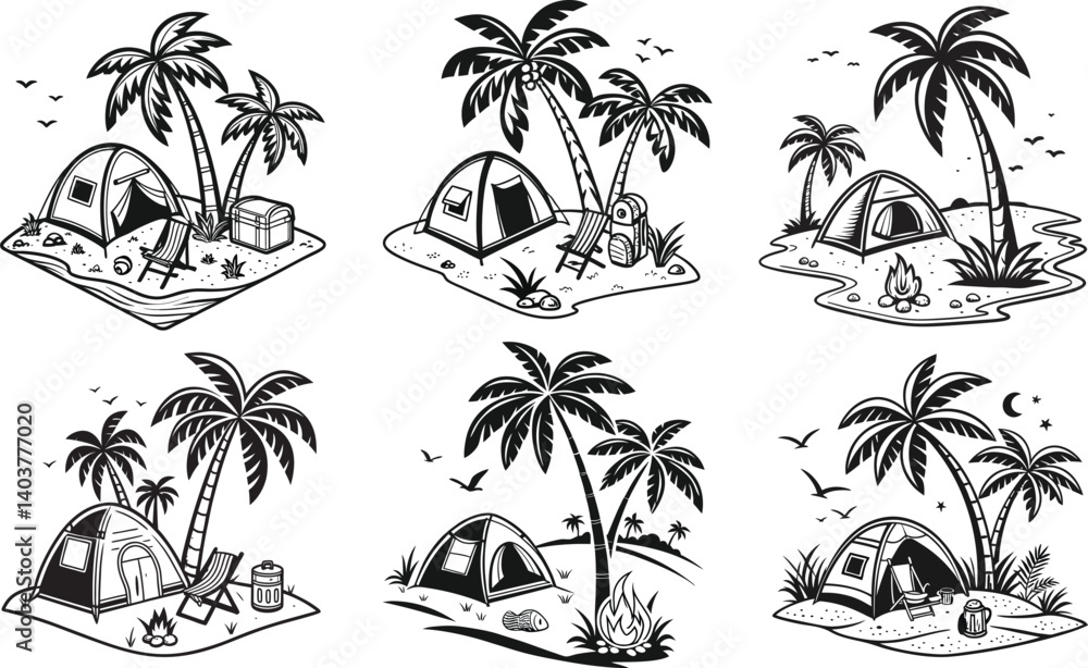 Fototapeta premium Summer beach camping black vector 