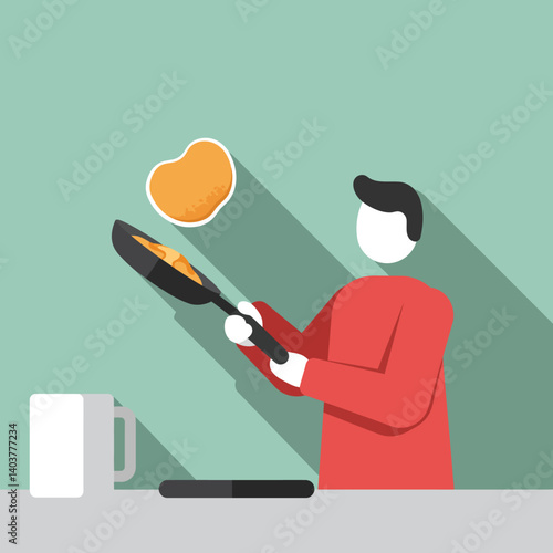 Person flipping a pancake in a minimal flat design vector illustration