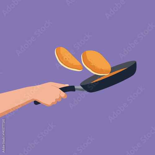 Hand flipping pancakes in a frying pan with a minimal flat design vector illustration