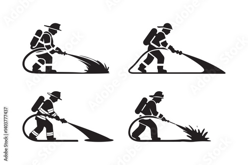 Firefighter Silhouette Icons Fireman Spraying Hose Vector Clipart Set