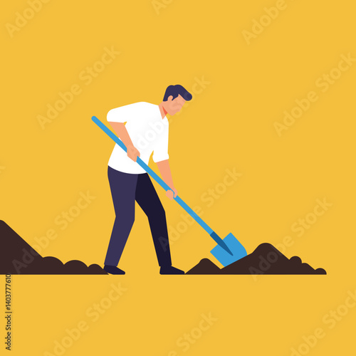 Worker using shovel to dig in flat minimal vector art illustration