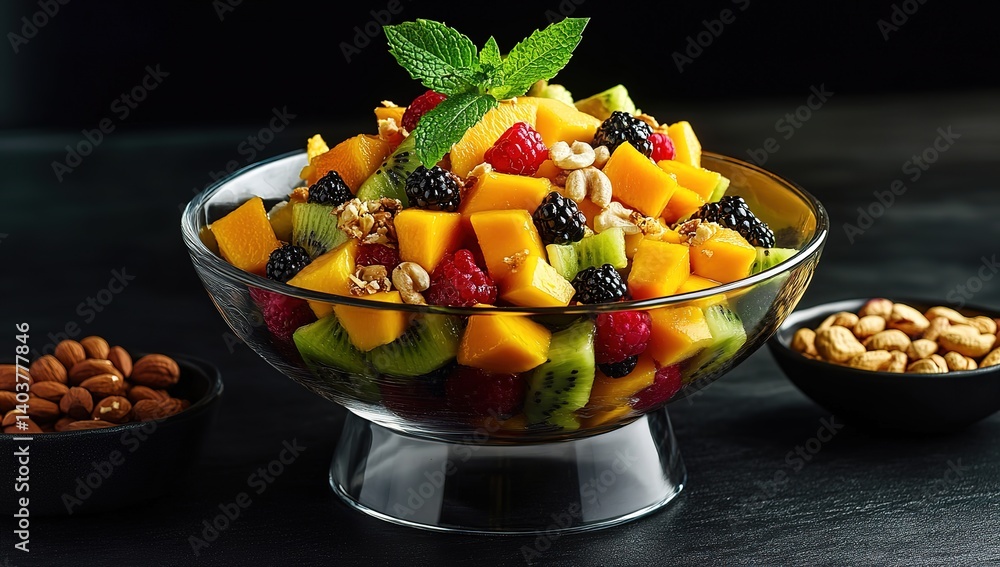 A colorful fruit salad in an elegant glass bowl. A colorful fruit salad in an elegant glass bowl.