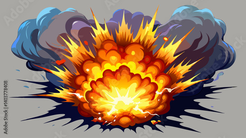 Realistic fiery explosion with colorful streaks. Large fireball with black smoke on transparent background.