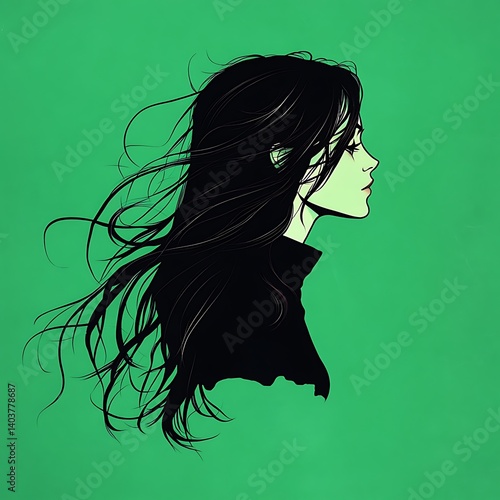 Side profile of woman with long flowing hair on green background