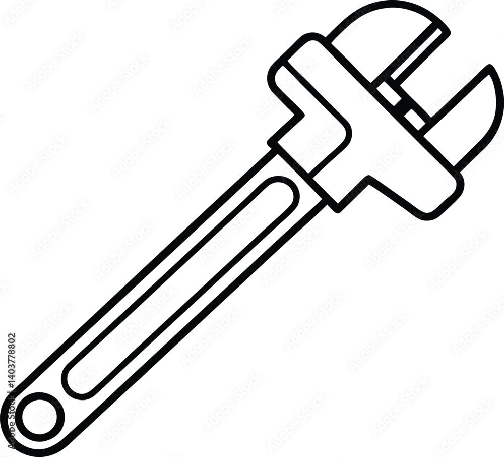 Adjustable Wrench Tool Outline on White Surface, Detailed Line Adjustable Wrench Tool Outline on White Surface, Detailed Line