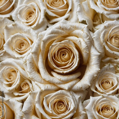 Elegant gold waves flowing across delicate white roses background